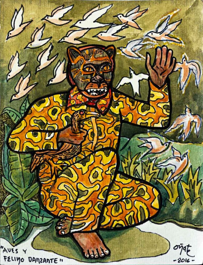 "Aves y felinos danzantes" 2016, acuarela sobre papel algodón, 28 cm. x 21 cm.