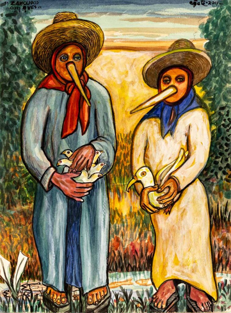 "Zancudos con aves" 2017, acuarela sobre papel algodón, 38 cm. x 28 cm.