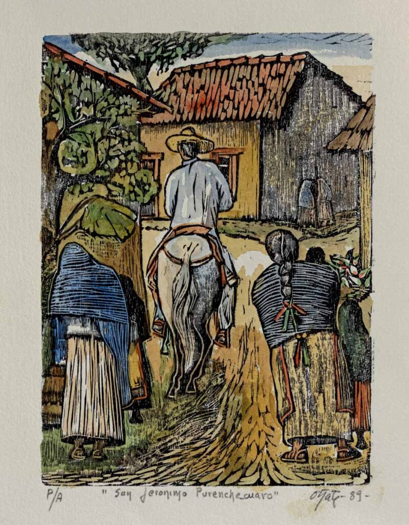 "San Jeronimo Purenchecuaro" 36/100, 1991, grabado acuarelado, 31 cm. x 40 cm.