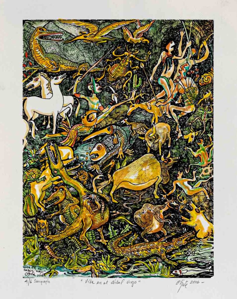“Vida en el árbol viejo” 2016, linoleografía acuarelada, 50cm x 35cm