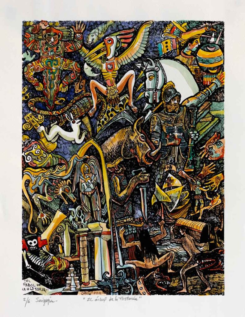 "Árbol de la historia" 2016, linoleografía acuarelada, 50 cm. x 35 cm.