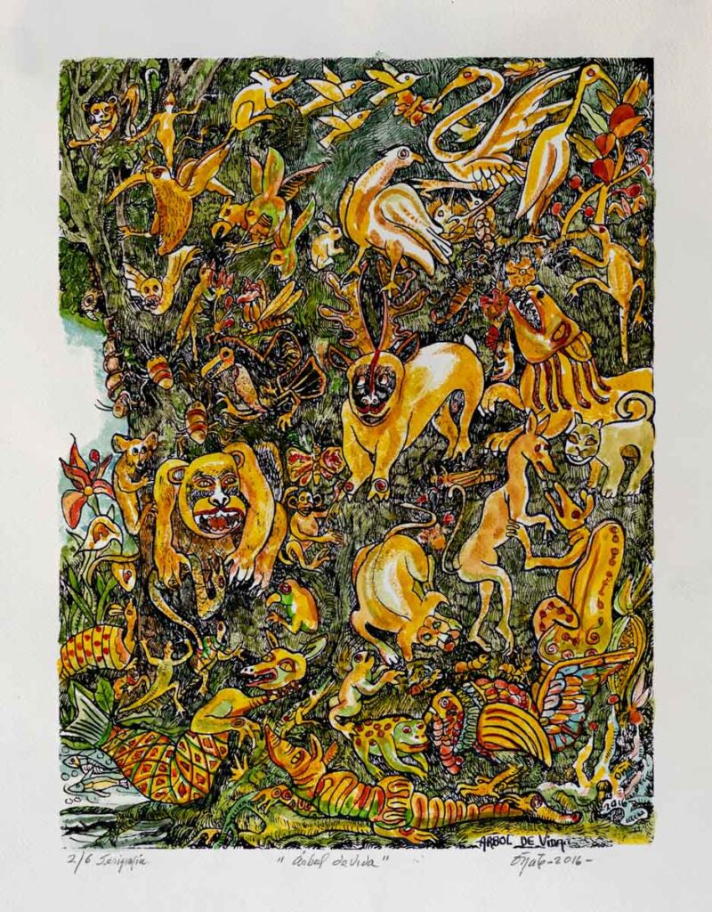 "El árbol de la vida" 2016, linoleografía acuarelada, 50cm. x 35cm.