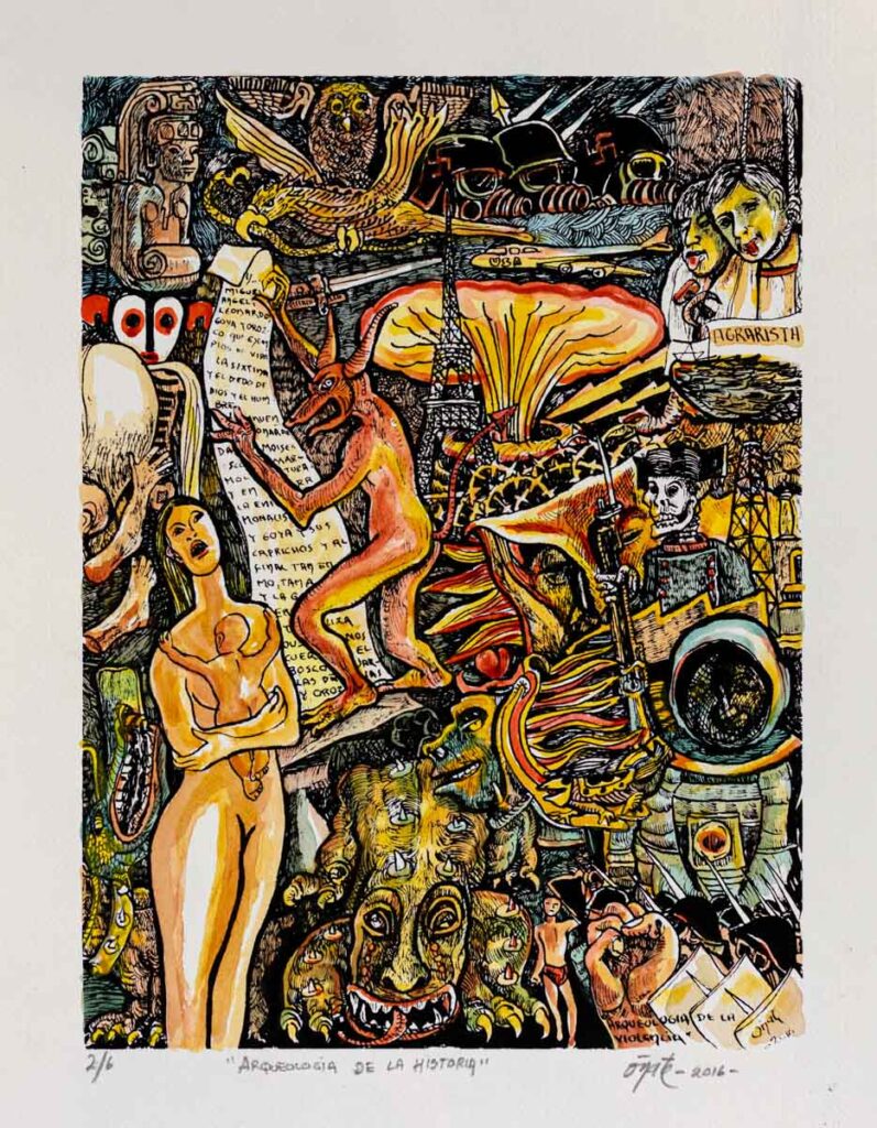 "Arqueología de la historia" 2016, linoleografía acuarelada, 50 cm. x 35 cm.