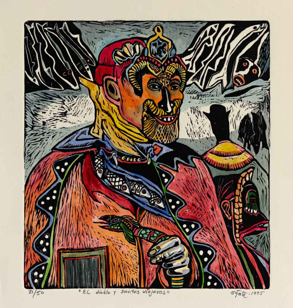 "El diablo y santos peregrinos", 1995, grabado acuarelado, 47 cm. x 43 cm.