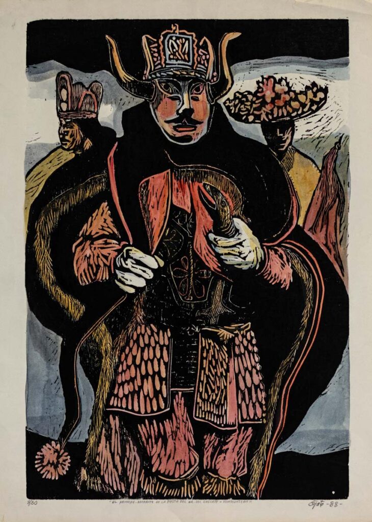 "Príncipe danzante, danza en Tzintzuntzan" 8/50, 1988, grabado acuarelado, 55 cm. x 76 cm.